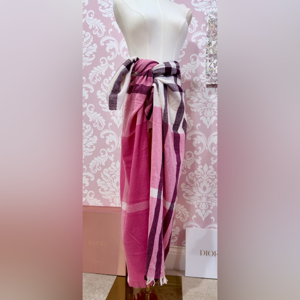 Reduced - Talbots Pink Plaid Fringe Wrap 
Scarf / Sarong